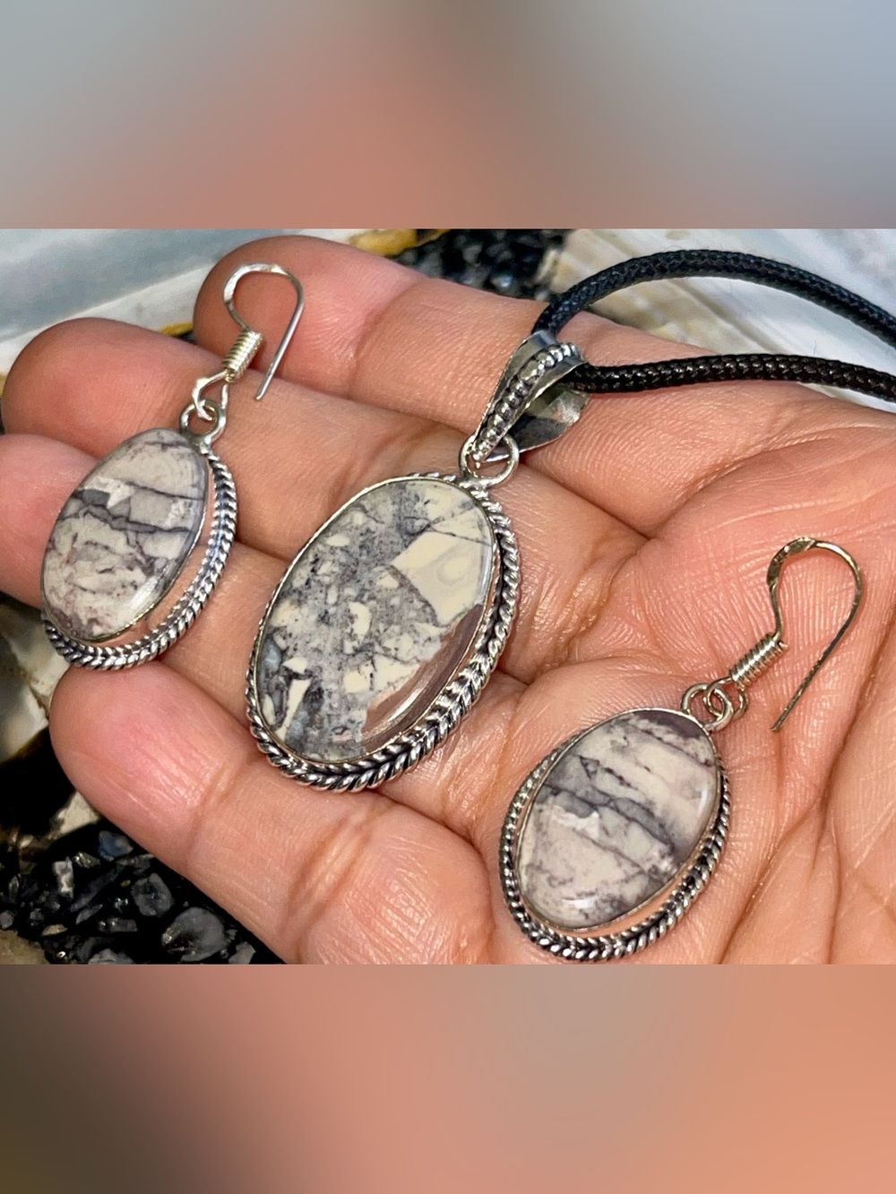 Dainty Porcelain Jasper Pendant & Earrings Set